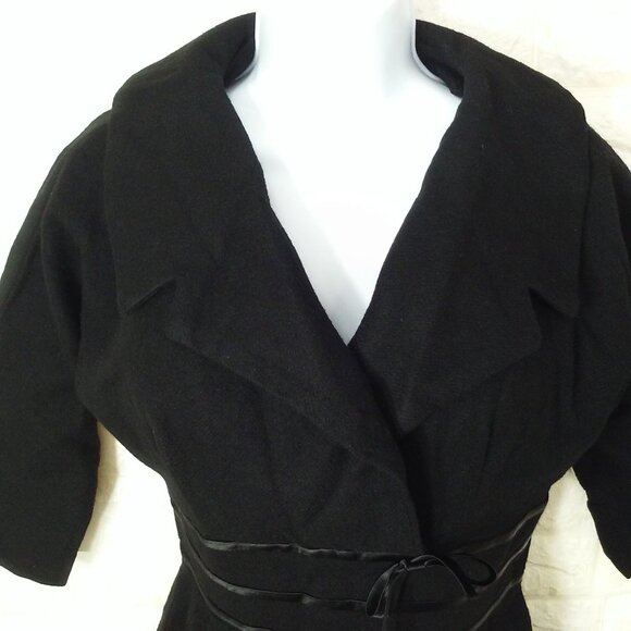 Vintage 50s Little Black Wiggle Dress Lady-M(8) Wool Cowl-Collar Zip-back Fitted - Picture 6 of 14